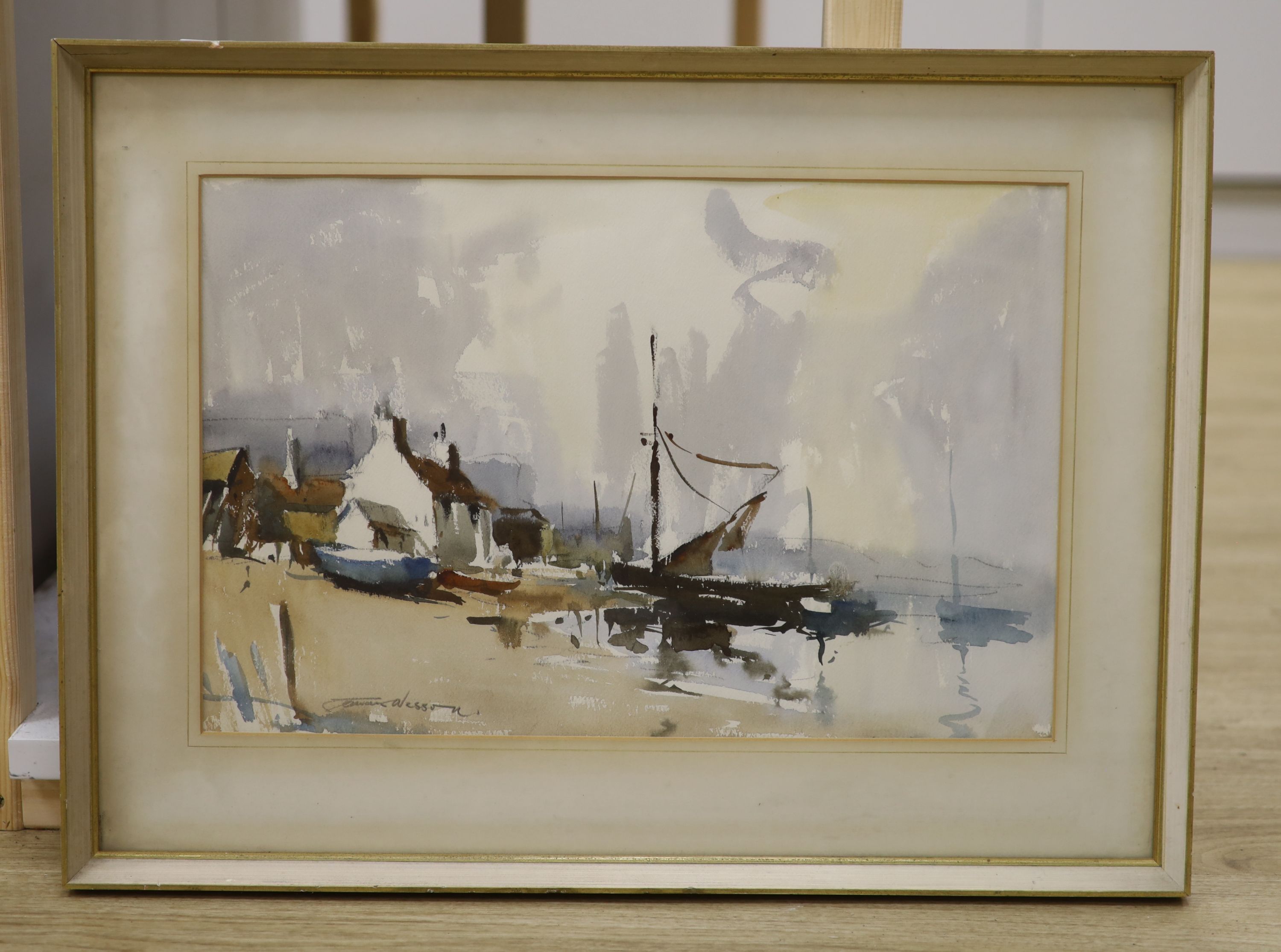 Edward Wesson (1910-1983), watercolour, Fishing village with sail barge, signed, 32 x 49cm